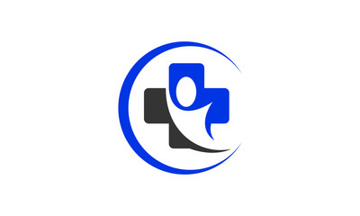 Modern medical health care logo featuring a blue cross and human figure