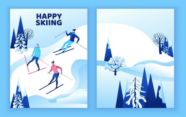 Skiing greeting card, isometric people set, 3d vector sport family playing outdoor games, winter activity, ski riding, skier at mountain, outdoor snow games, simple cartoon characters