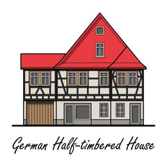 German half-timbered house with red roof. Front view.