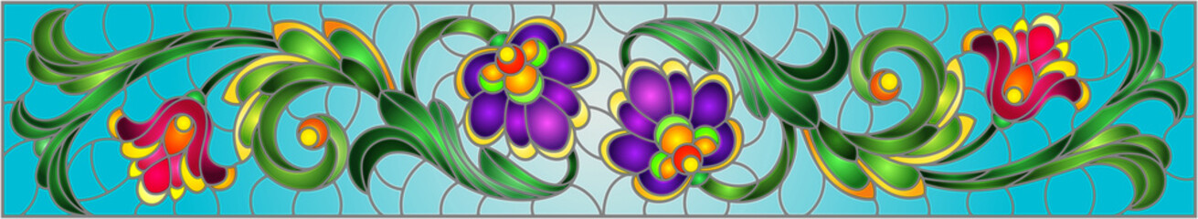 Illustration in stained glass style with abstract  swirls,flowers and leaves  on a blue background,horizontal orientation