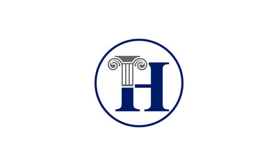 Classic ionic column capital forms letter H inside a blue circle emblem