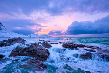 Norwegian Sea waves on rocky coast of Lofoten islands, Norway - obrazy, fototapety, plakaty