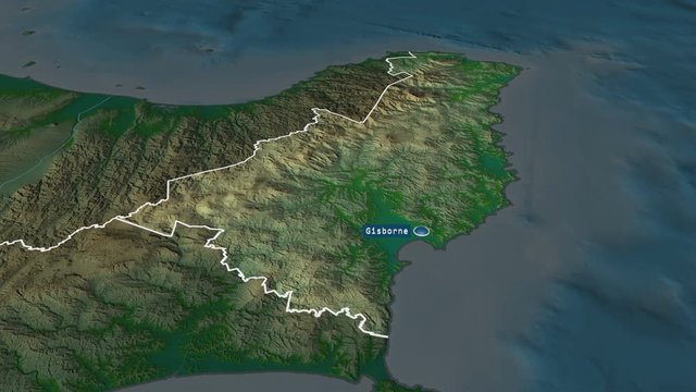 Gisborne - regional council of New Zealand with its capital zoomed on the physical map of the globe. Animation 3D