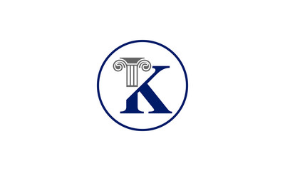 Classic ionic column capital forms letter K inside a blue circle emblem
