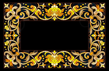 Illustration in stained glass style frame with floral,golden flowers and leaves on a dark background,rectangular image