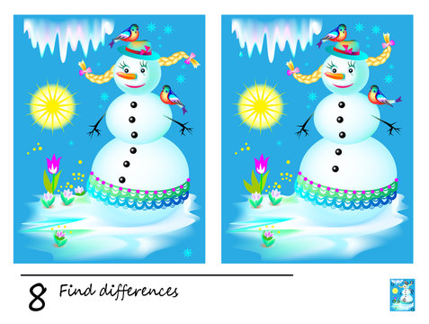 Find 8 differences. Logic puzzle game for children and adults. Printable page for kids brain teaser book. Image of fairy-tale snowman melting in spring. Developing counting skills. IQ training test.