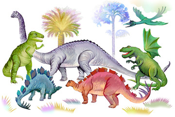 Illustration of dinosaurs in Jurassic period. World of prehistoric animals. Image of ancient imaginary extinct reptiles for kids book. Drawing made on computer by graphic tablet. © nataljacernecka