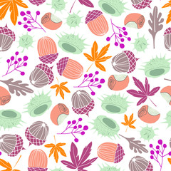 seamless vector pattern repeat of hand-drawn autumn motifs in a striking color palette