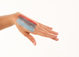 Cosmetic powder on woman hand isolated on white background.