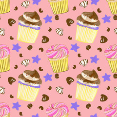 Little sweet delicious Buttercream cupcakes sprinkle and chocolate set watercolor gouache doodle art hand drawn seamless pattern