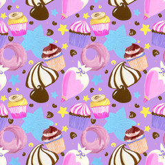 Little sweet delicious Buttercream cupcakes sprinkle and chocolate set watercolor gouache doodle art hand drawn seamless pattern