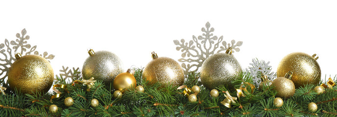 Fir tree branches with Christmas decoration on white background