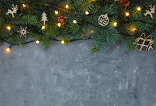 Christmas decorations on grey background, top view. Space for text