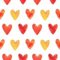 Pattern with colored hearts with watercolor paints. Background for textiles, packaging, notebooks, paper.