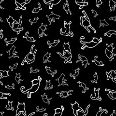 Cute hand drawn white cats silhouettes on a black background. 