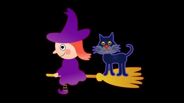 ハロウィンパーツ　魔女と黒猫　箒に乗る