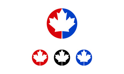 Canadian maple leaf symbol in red white and blue circle with smaller icons