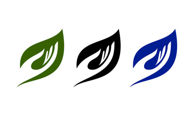 Three leaf and hand logos isolated on white background
