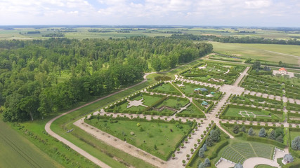 Panoramic aerial view of Rundale Castle in Latvia. Building and gardens