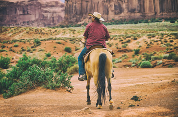 Back view of man riding horse in Monument Valley