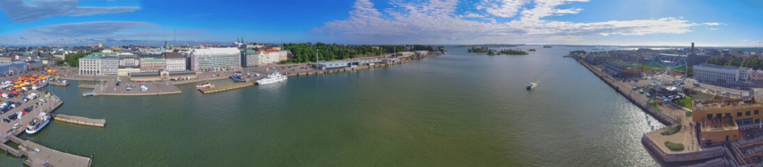 Panoramic sunset aerial view of Helsinki skyline from city port in summer season