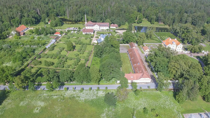 Palmse manor air museum, aerial view on a sunny summer day, Estonia