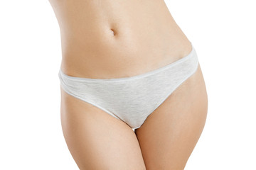 Template Gray Blank Woman Panties. Close up female in underwear with copy space isolated on white background. Skin care and bikini hair removal concept. Shave bikini line. Mock up of women underpants