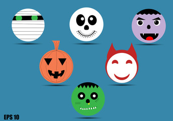 Set of halloween cartoon face monster icons.