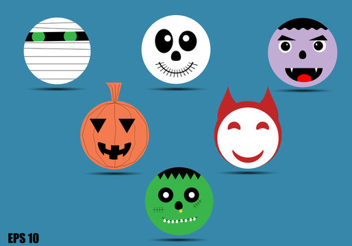 Set of halloween cartoon face monster icons.