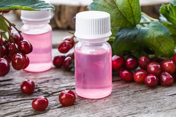 Viburnum berries and viburnum essential oil in a bottle on a wooden background. Tincture or elixir with viburnum.