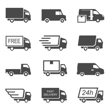 Express delivery trucks vector glyph icons set