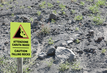 Warning Signal on the slope of Volcano with text in English and