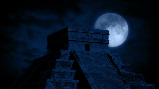 Full Moon Behind Aztec Temple