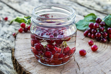 Jar with an elixir or tincture with viburnum berries on a wooden background, a red twig of viburnum in the background.