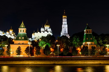 Fototapeta na wymiar Illuminated Moscow Kremlin, Kremlin Embankment and Moscow River at night in Moscow, Russia.