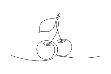 Kirschfrucht im kontinuierlichen Strichzeichnungsstil. Minimalistische schwarze Linienskizze auf weißem Hintergrund. Vektor-Illustration © GarkushaArt