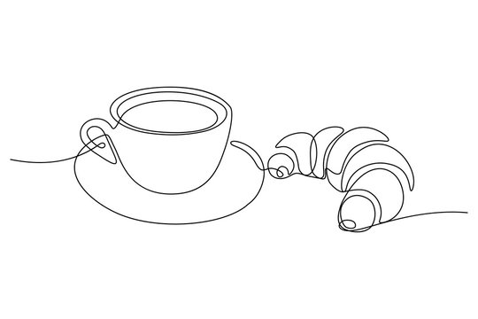 Coffee cup with croissant in continuous line art drawing style. Black line sketch on white background. Vector illustration