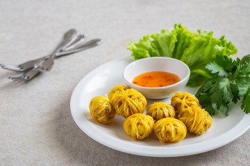 Deep fried wrapped pork with chinese noodle (Moo Sarong), Thai cuisine