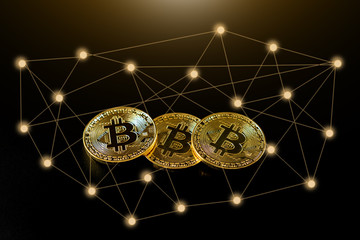 Golden Bitcoin on black backround, crypto currency and network blockchain