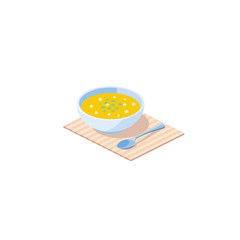 Soup dish in a plate with a spoon. Vector 3d isometric, color web icons set, new flat style. Creative illustration design, idea for infographics.