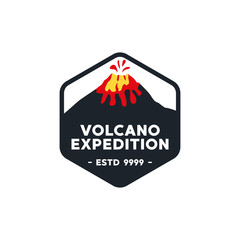 Volcano vector illustration. Nature disaster eruption with smoke, lava, clouds in the sky. Flat design logo template. Outdoor adventure.