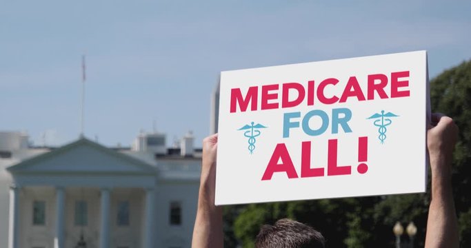 A man holds a MEDICARE FOR ALL protest sign in front of the White House on a sunny summer day.  	