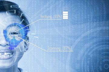 Biometric retina security scan concept. A little Asian male child with technology HUD diagrams overlay.