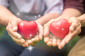 Family caregivers concept. Senior twin or two relatives, friends, or neighbors holding red heart shape for taking care each other in nursing home wellbeing service community.