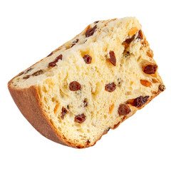 Piece of Christmas cake panettone. Delicious  Christmas cake with raisins  isolated on white  background.