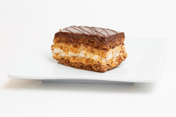 piece of cake on a plate on white background