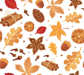 Jesień bez szwu wektor wzór z elementami przyprawy dyni: cynamon, goździki, anyżu i żółte i czerwone liście, szyszki i żołędzie na białym tle. - 288340574