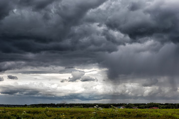 Fototapeta na wymiar Dark cumulonimbus clouds, with rain coming on the horizon, over a wild field. Sky pattern.