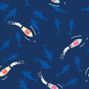 Boats and Sharks Vector Seamless Pattern