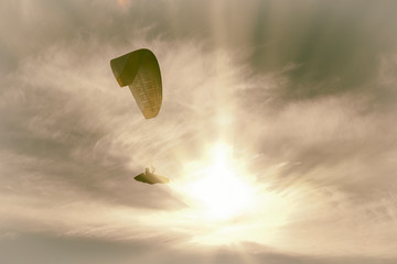 Paraglider during the flight in the sunlight
